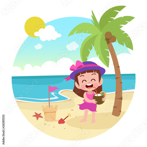 kid girl playing on the beach vector illustration