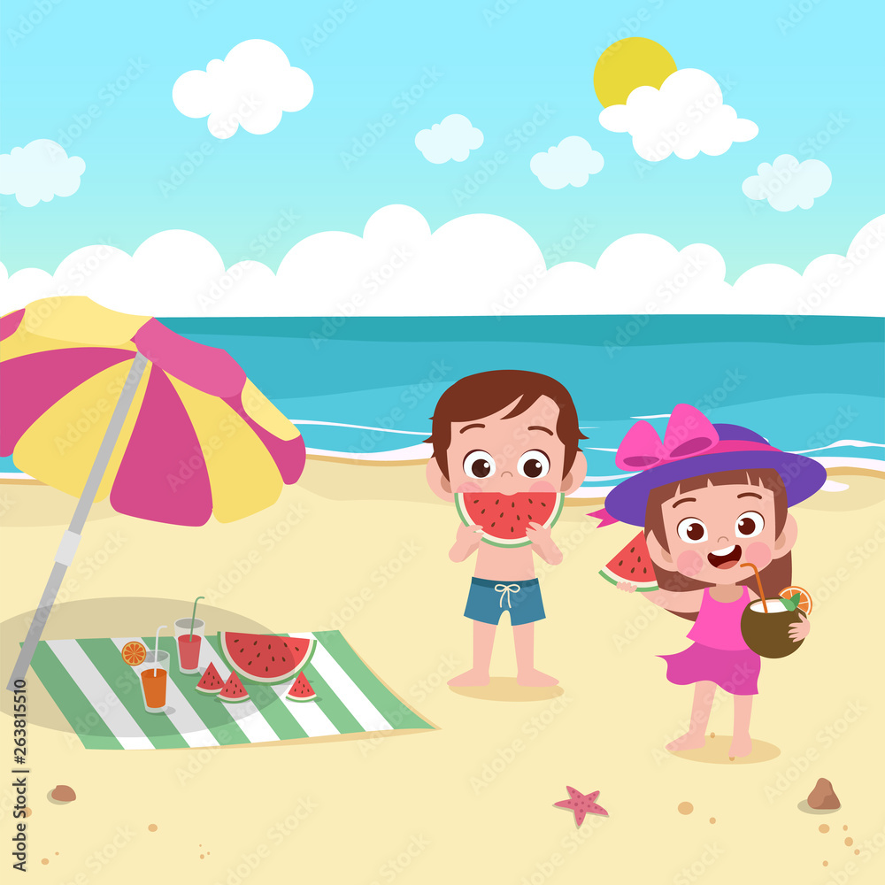 Fototapeta premium children playing on the beach vector illustration