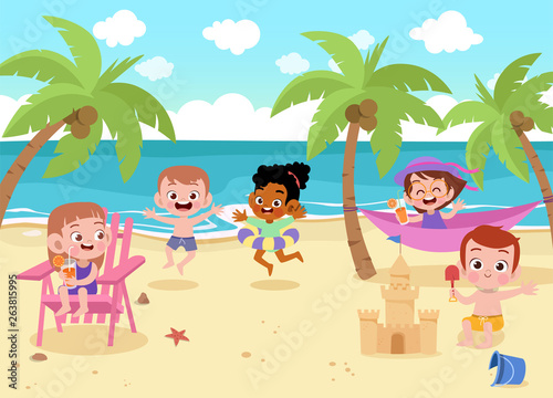 children playing on the beach vector illustration