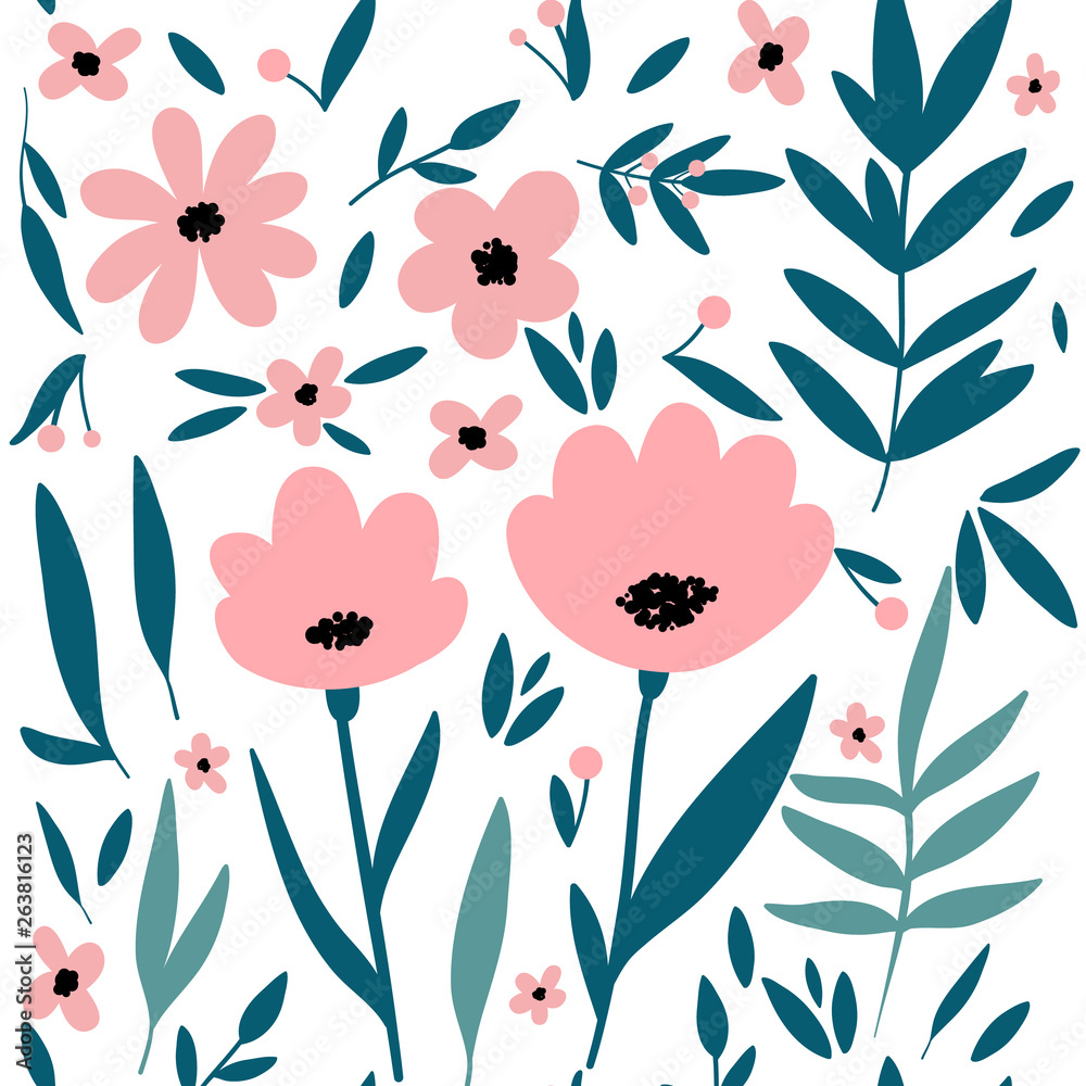 Trendy flowers and leaves seamless pattern for your design. Sketch for wrapping paper, floral textile, background fill, fabric. .