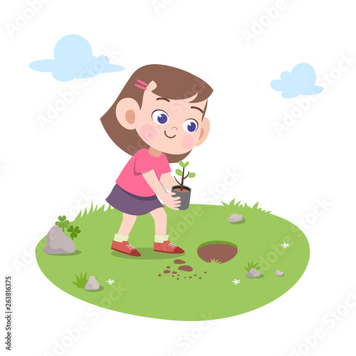 kid girl sweeping broom vector illustration