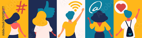 Social media concept: digital app symbols for bloggers and influencers sharing with audience. Flat vector hashtag sign, like, wireless network. E-Marketing, followers and social network idea.