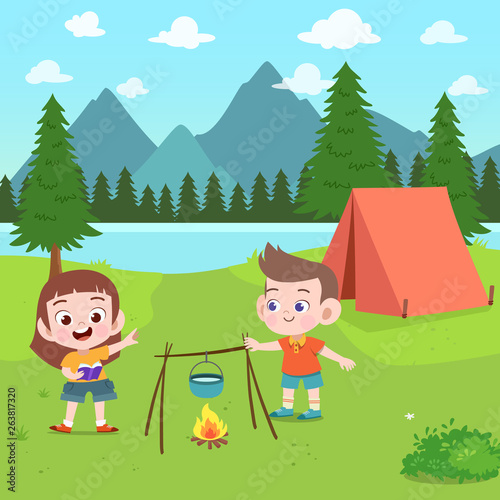 kids scouts at camp vector illustration
