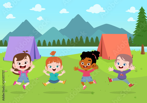 kids scouts at camp vector illustration