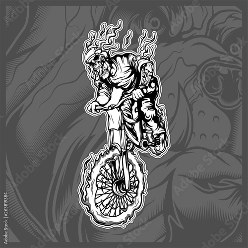 skull riding a bicycle hand drawing vector