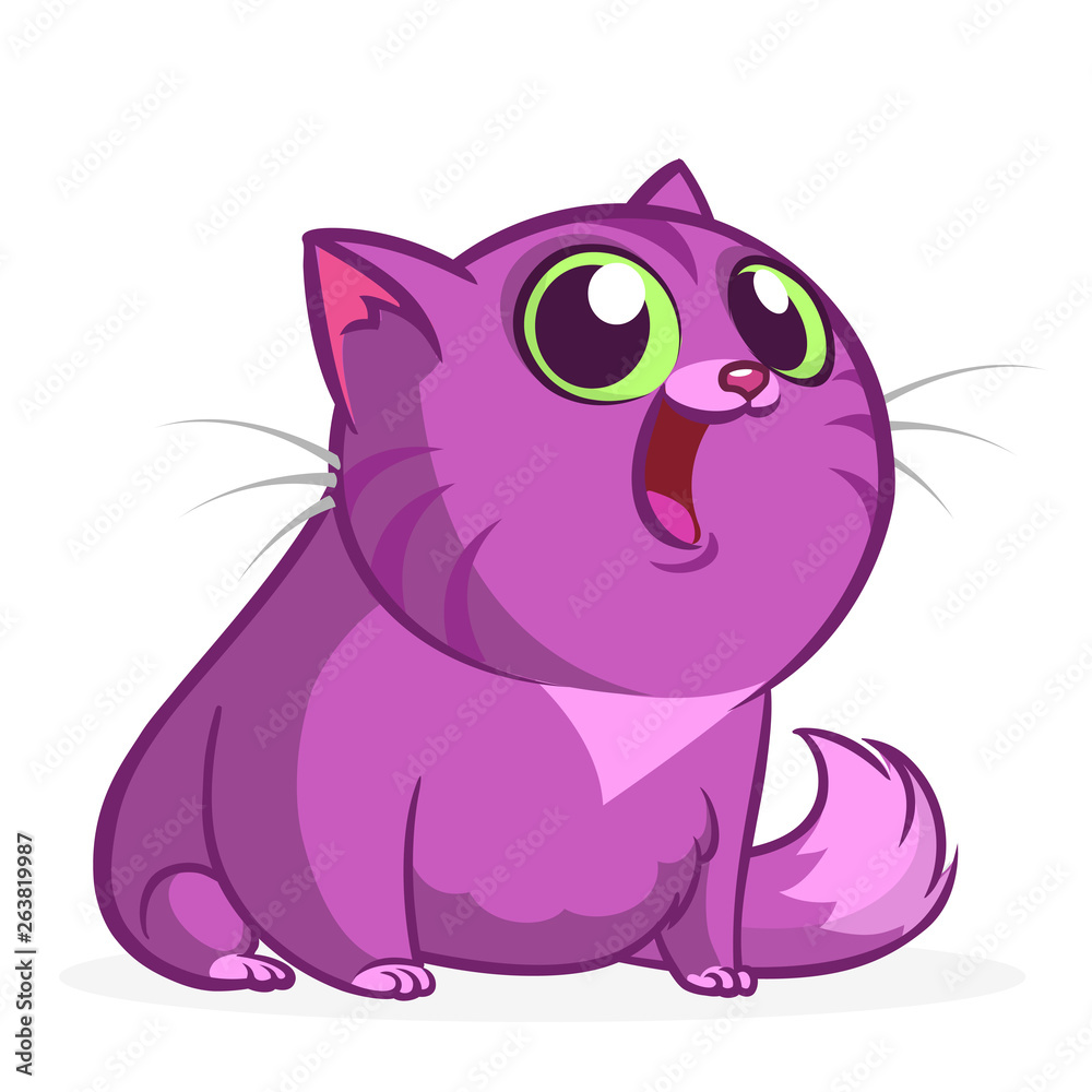 Cartoon pretty purple fat cat. Fat striped cat illustration isolated