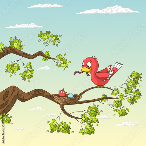 A Bird is feeding his chick with a worm. Hand drawn vector illustration.