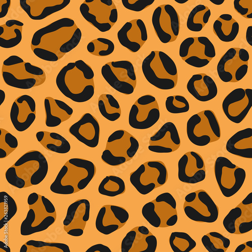 Illustration of seamless animal print pattern texture background. Realistic leopard, panther, jaguar or cheetah skin color. Vector