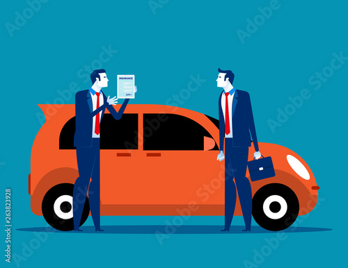 Salesman shows car insurance. Concept business vector illustration, Car, Agreement, Dealer or Agent.