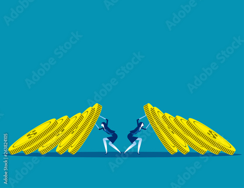 Business team blocking currency domino effect. Concept business vector illustration, Money, Finance and economy, Coin.