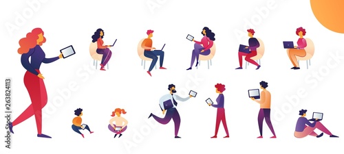People use Tablets and Laptops Cartoon Vector. 