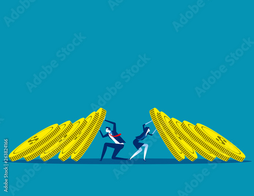 Business team blocking currency domino effect. Concept business vector illustration, Money, Finance and economy, Coin.