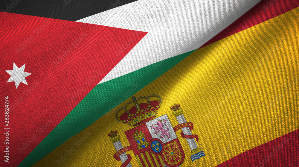 Fototapeta premium Jordan and Spain two flags textile cloth, fabric texture