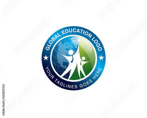 global education logo with two student jumping together in front of world globe 