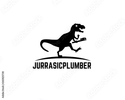 tyrannosaurus rex running chasing something and holding plumbing wrench