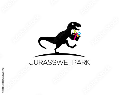 tyrannosaurus rex running chasing something and holding sweet gift box
