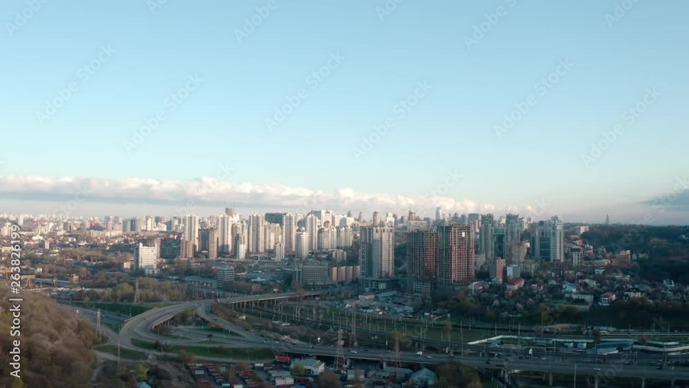 Aerial hovering shot, skyline of Kiev in the background. Aerial hovering shot, skyline of Kiev in the background.
