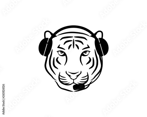 tiger head with headphone on his ears and mic in his mouth as a customer services operator