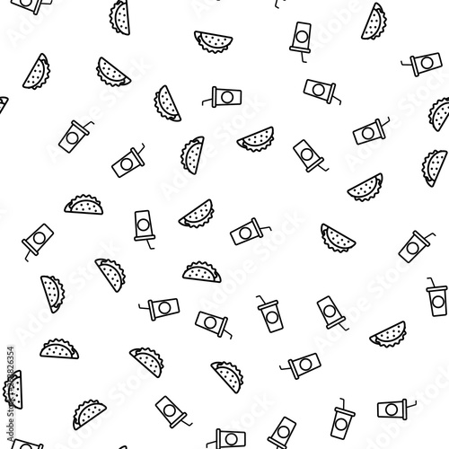 Fast Food And Drink Soda Theme Seamless Pattern. Geometric Vector Unhealthy Restaurant Food Snacks Black Texture And White Background Repeat. Plastic Cup With Ice, Tubule and Bubbles Flat Illustration