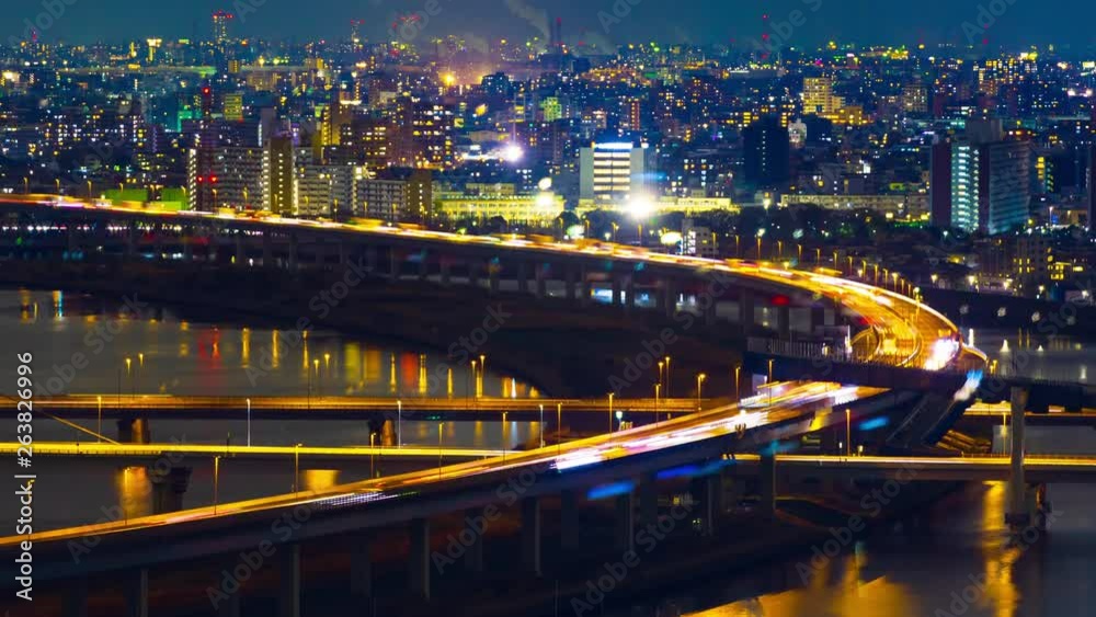 time lapse of highway road bridge with Arakawa river in Tokyo at night, Japan time lapse of highway road bridge with Arakawa river in Tokyo at night, Japan