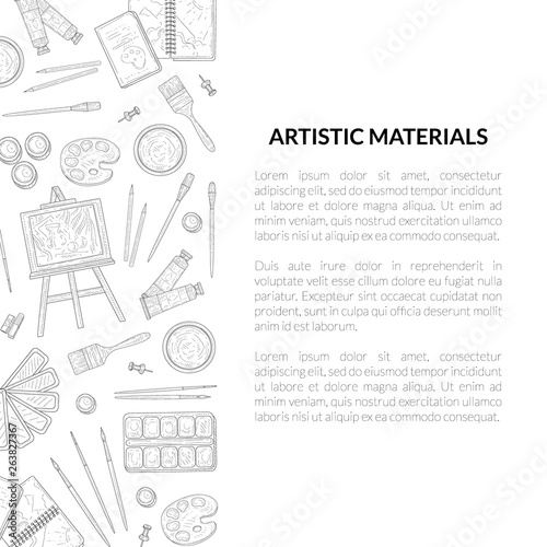 Artistic Materials Banner Template, Painter Tools, Art Supplies with Place for Text Hand Drawn Vector Illustration