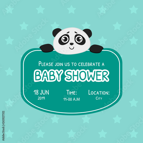 Baby Shower Invitation Template  Green Card with Cute Panda Bear and Place For Your Text  Gender Neutral Vector Illustration