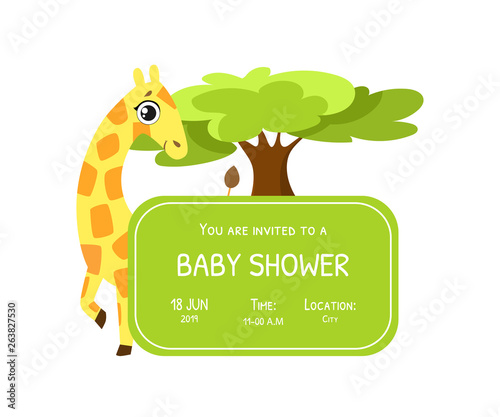 Baby Shower Invitation Template  Card with Cute Giraffe and Place For Your Text  Gender Neutral Vector Illustration