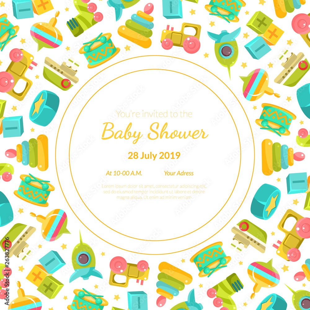 Baby Shower Invitation Template, Card with Baby Toys and Place For Your Text, Gender Neutral Vector Illustration