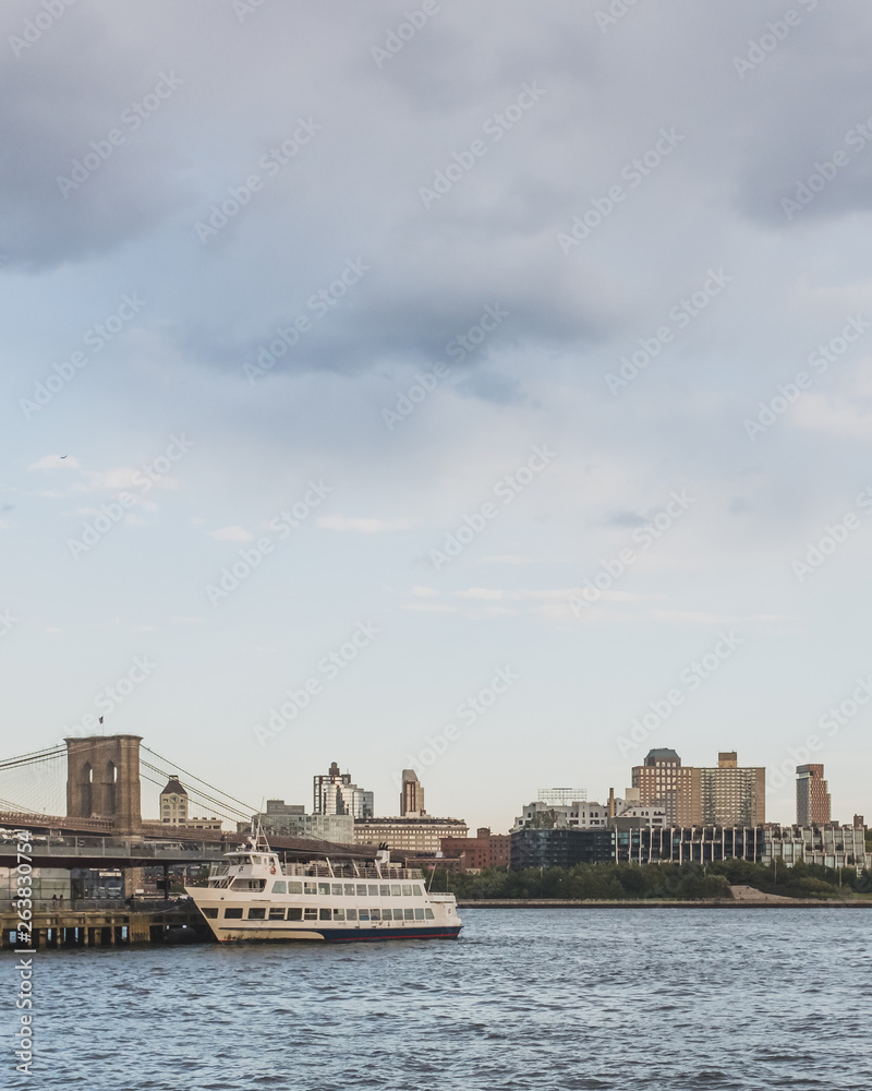 Fototapeta premium Brooklyn and bridge over East River with skyline of Brooklyn, viewed from lower Manhattan, New York, USA