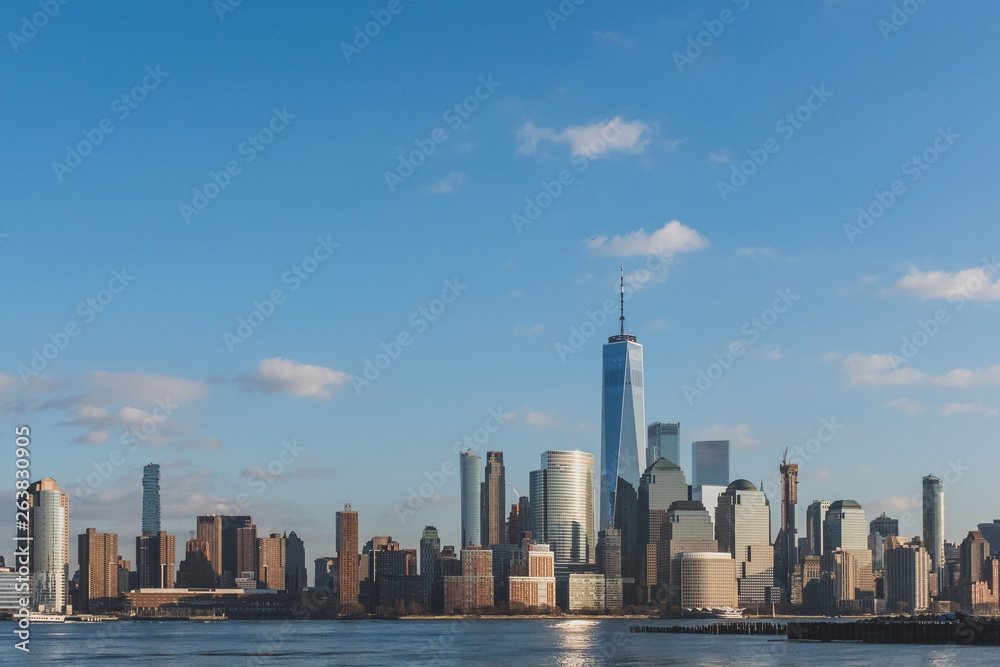 Skyline of downtown  Manhattan of New York City at dusk, viewed from New Jersey, USA