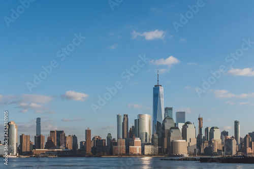 Skyline of downtown  Manhattan of New York City at dusk  viewed from New Jersey  USA