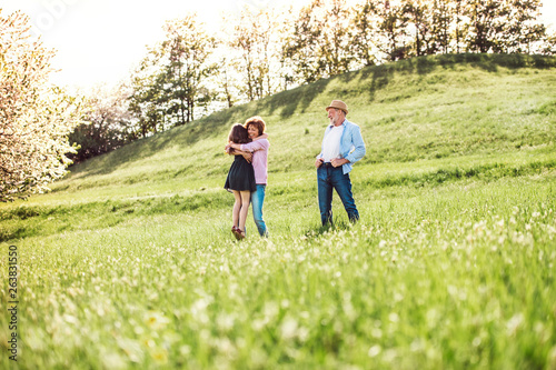 Senior couple with granddaughter outside in spring nature. © Halfpoint