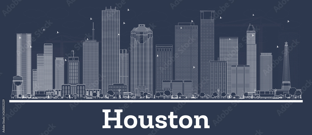 Outline Houston Texas City Skyline with White Buildings.