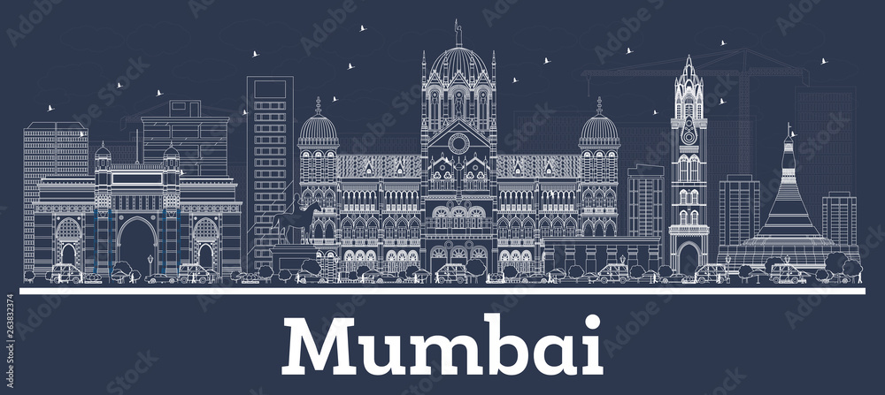 Outline Mumbai India City Skyline with White Buildings.