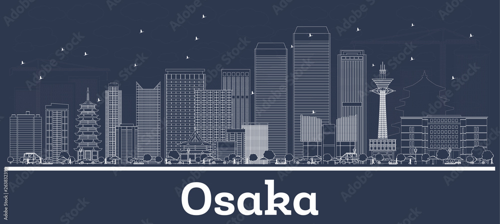 Outline Osaka Japan City Skyline with White Buildings.