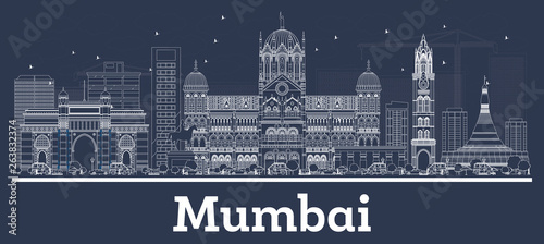 Outline Mumbai India City Skyline with White Buildings.