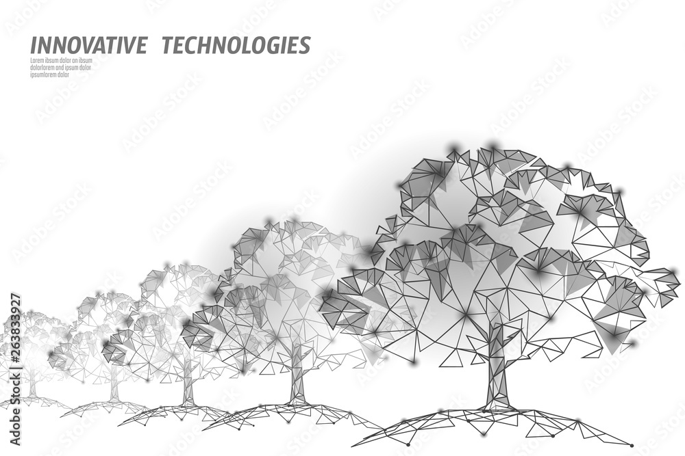 Fototapeta premium Low poly tree park alley wood. Ecology save nature forest concept. Global deforestation eco idea. Environmental pollution poster template vector illustration