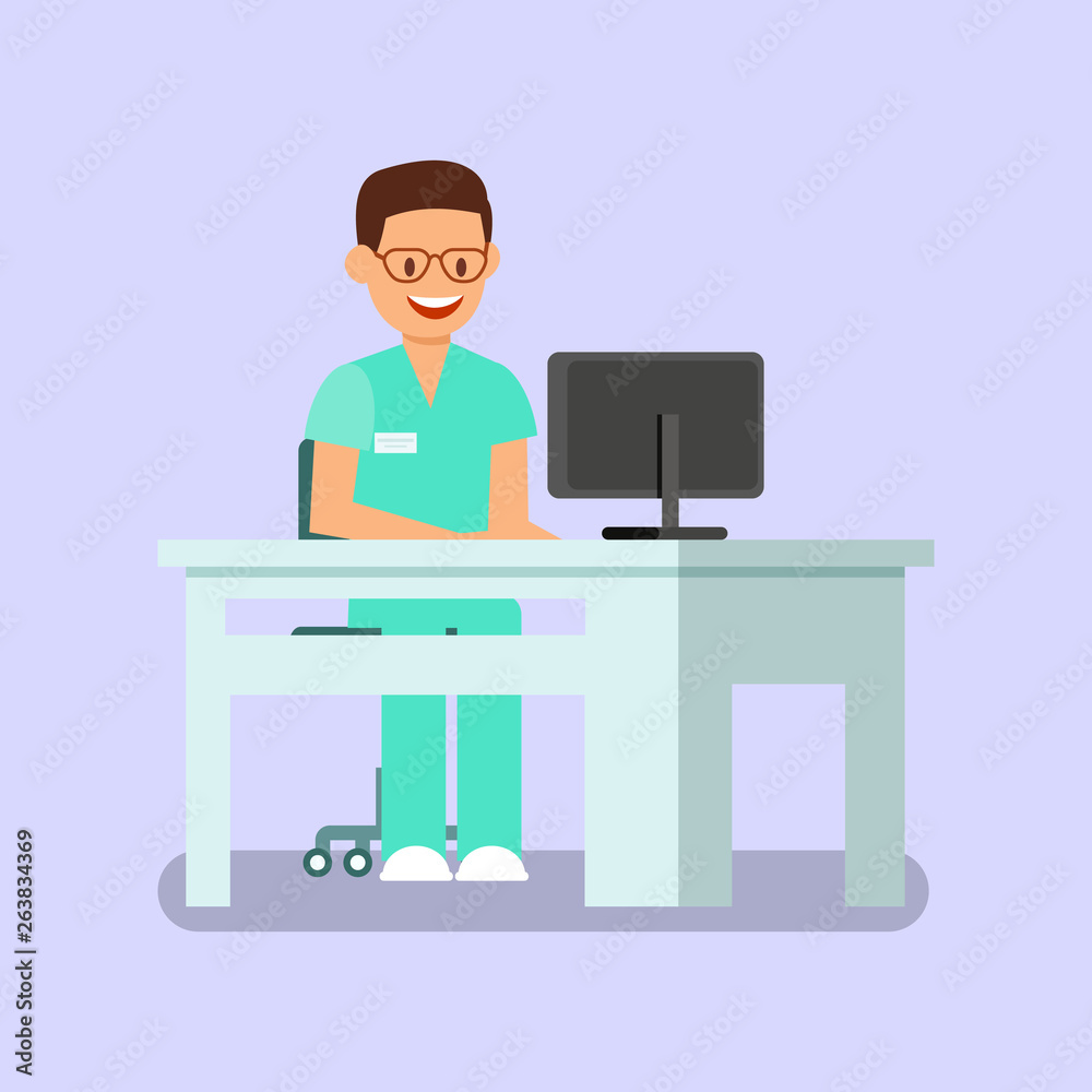 Dentist Working with Computer Vector Illustration Dentist Working with Computer Vector Illustration