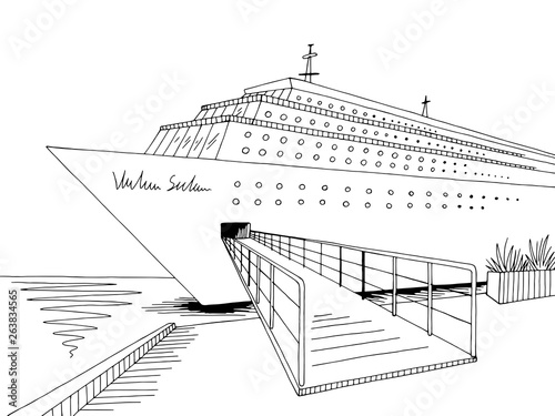 Cruise ship graphic black white landscape sketch illustration vector