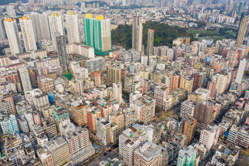 Drone fly over Hong Kong city