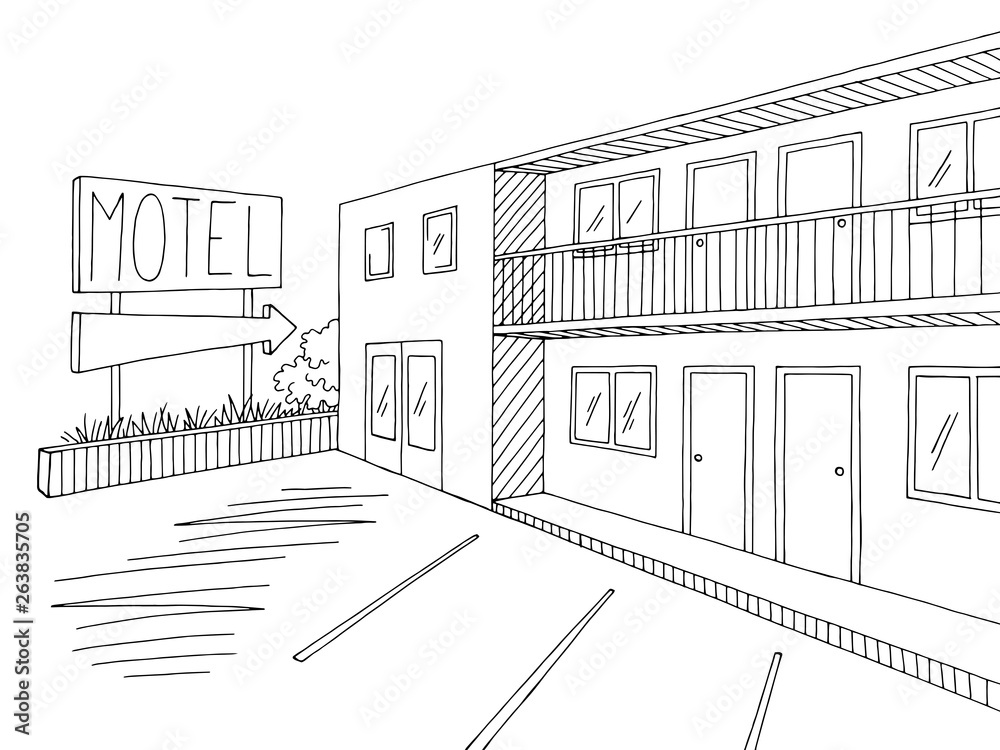Motel exterior graphic black white sketch illustration vector