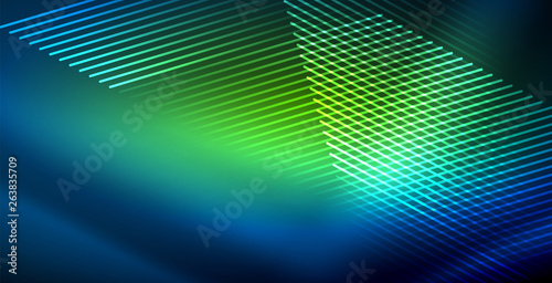 Neon glowing techno lines, blue hi-tech futuristic abstract background template with lights