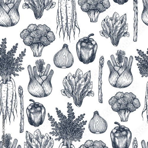 Fresh vegetables seamless pattern. Broccoli, carrot, onion, pepper, spinach, asparagus, fennel engraved vintage illustration. Vector illustration