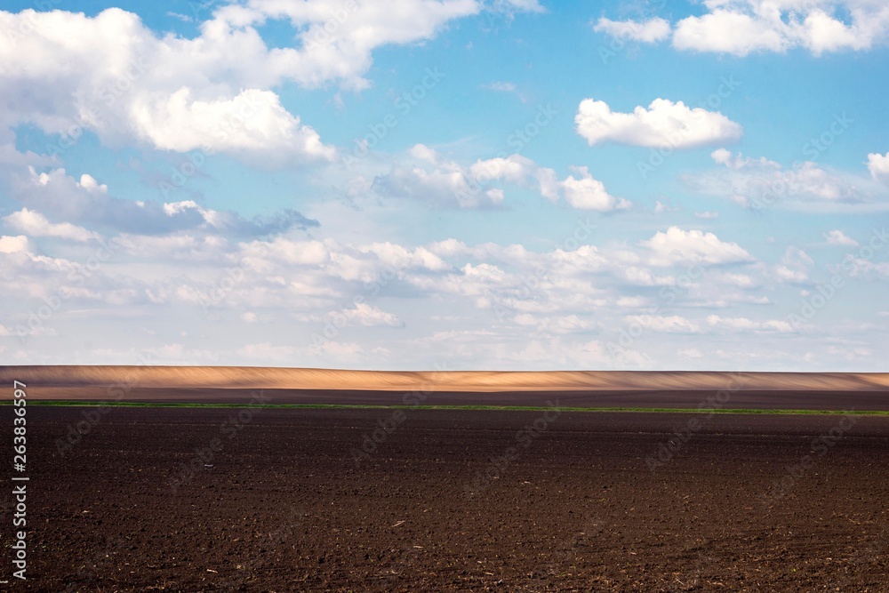 Fototapeta premium Landscape of arable land fields. Countryside plowed land with hills in distance and blue sky with clouds. Agriculture fields landscape.