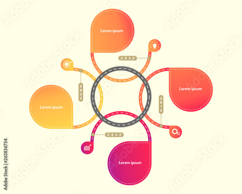 circle highway roadmap timeline elements with markpoint graph think search gear target icons. vector illustration eps10