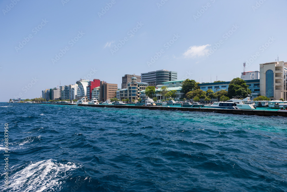 Waterfront of Male, capital of Maldives, harbor and skyscrapers, North Male Atoll, Maldives, Indian Ocean, Asia