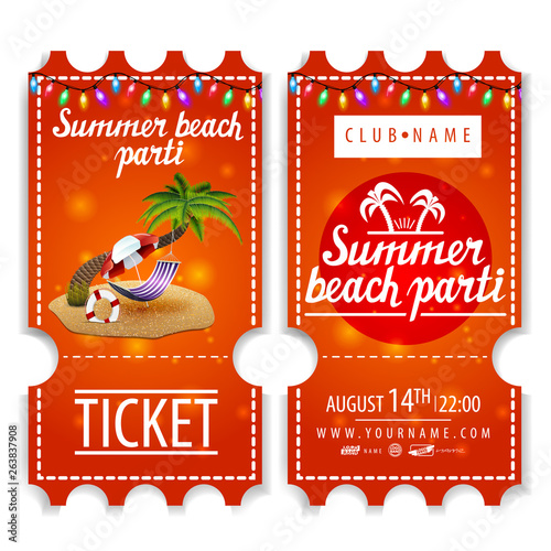 Tickets to the summer beach party with palm tree  hammock and beach umbrella