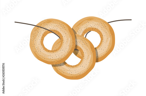 Bagel with poppy seeds. Baked food bun. Bakery shop, pastry. Vector illustration in flat style