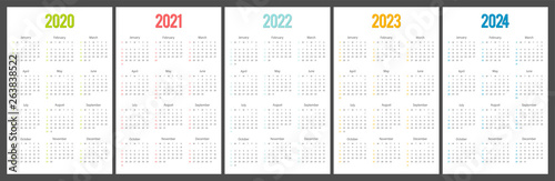 Calendar 2020, 2021, 2022, 2023, 2024, week start on Sunday corporate design vector.