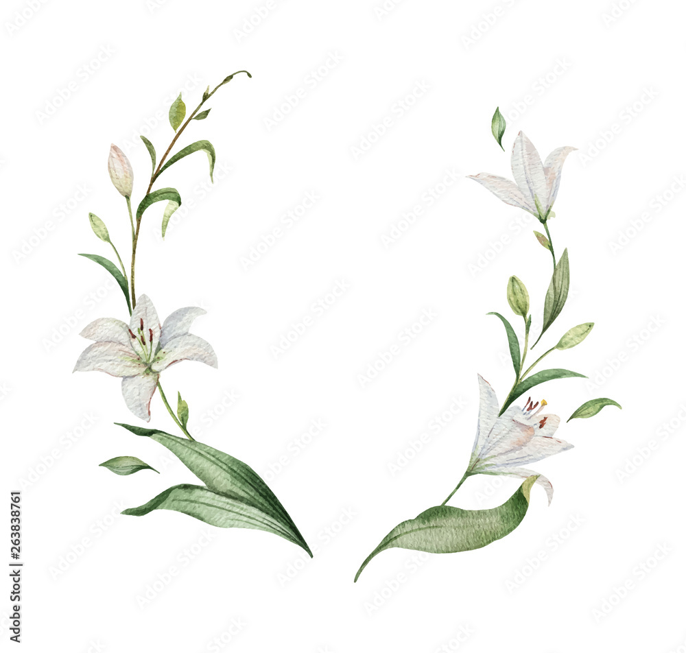 Watercolor vector wreath of Lily flowers and green leaves.